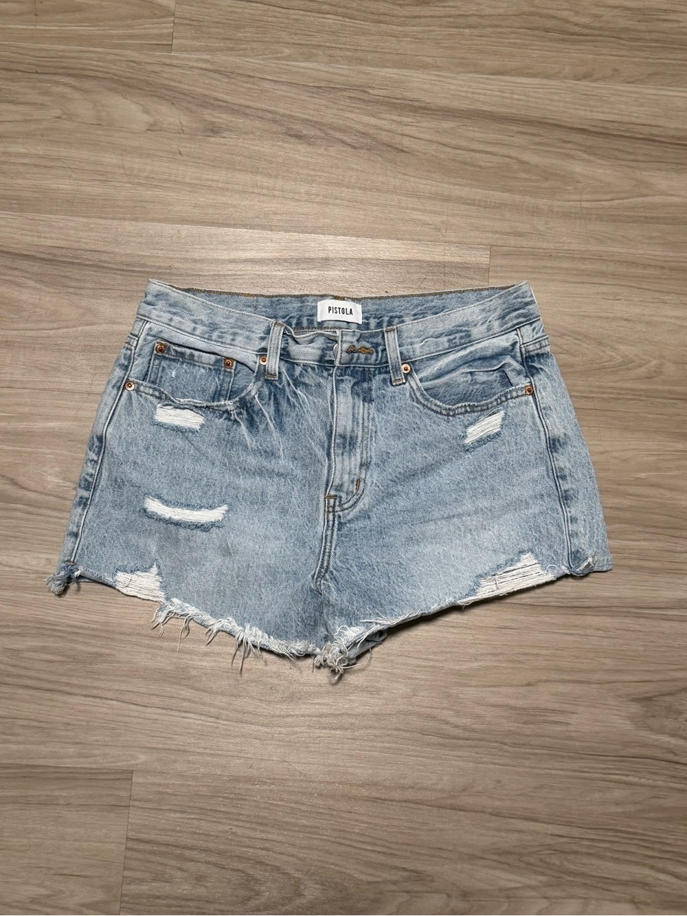 Pistola High Rise Distressed Denim Shorts Light Blue Cutoffs Size 29